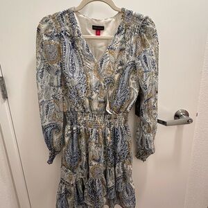 Vince Camuto Blue and Gold Paisley Long Sleeve Dress